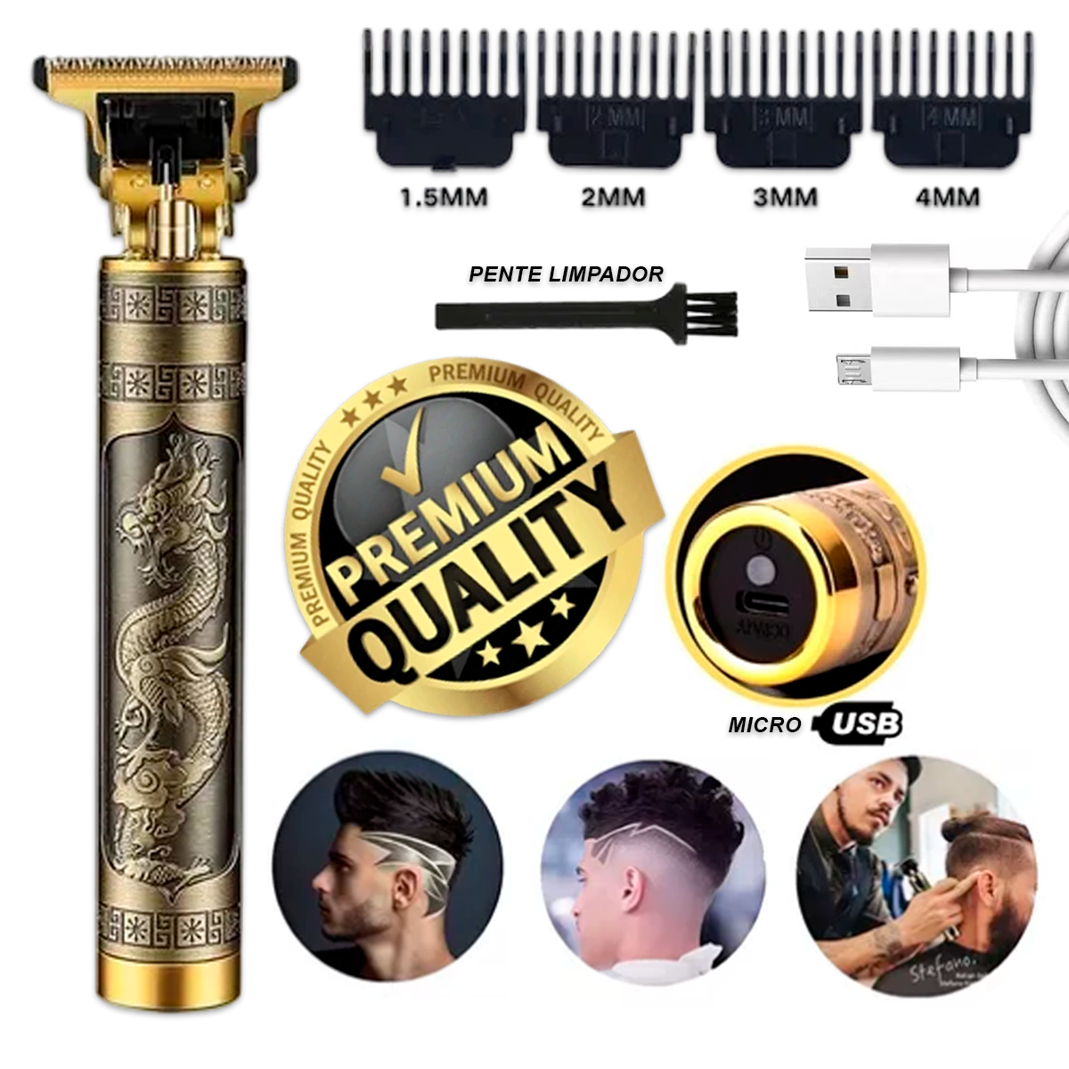 Máquina Dragão Cabelo Barba Aparador Pezinho Corte Profissional Sem Fio com 4 Pentes e Lâmina Ajustável Óleo e Escovinha