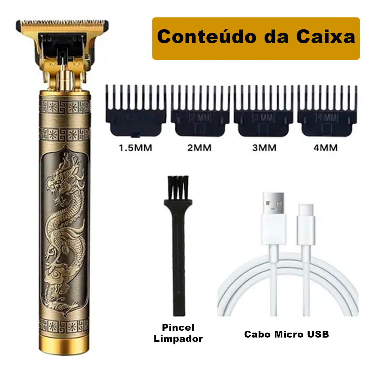 Máquina Dragão Cabelo Barba Aparador Pezinho Corte Profissional Sem Fio com 4 Pentes e Lâmina Ajustável Óleo e Escovinha - Imagem 2