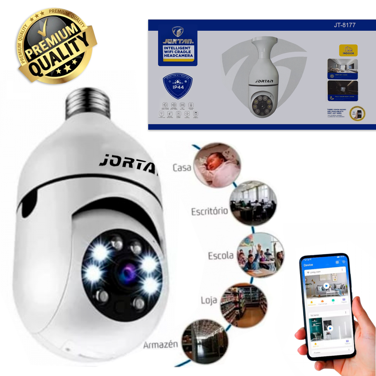 Câmera de Monitoramento Jortan JT8177: Lâmpada Wifi Full HD 360º, Visão Noturna e Detecção de Movimento Casa Trabalho