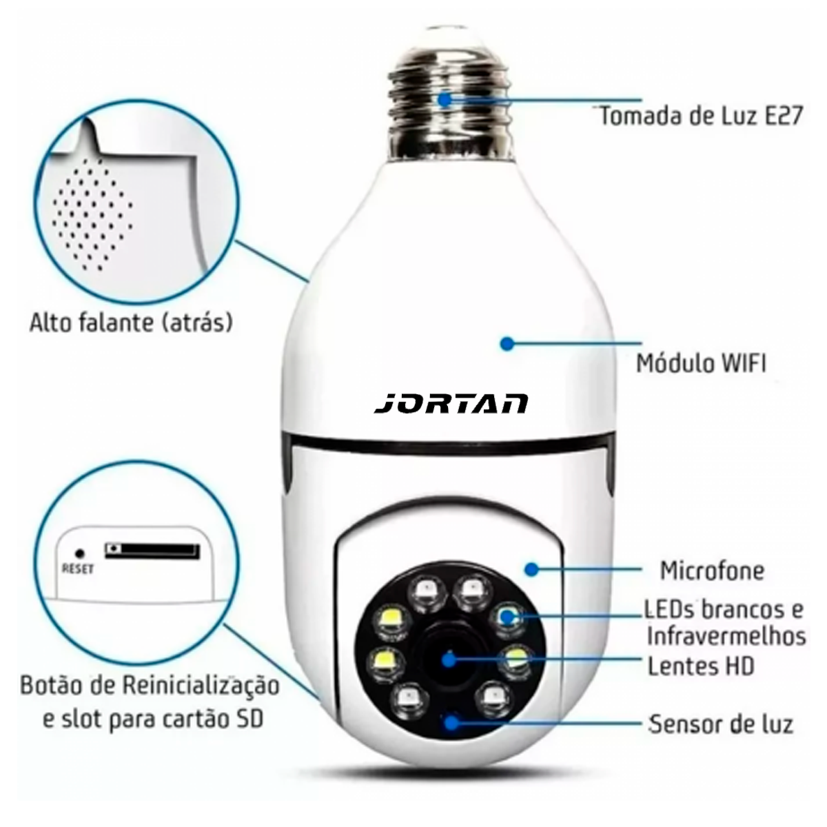 Câmera de Monitoramento Jortan JT8177: Lâmpada Wifi Full HD 360º, Visão Noturna e Detecção de Movimento Casa Trabalho - Imagem 7