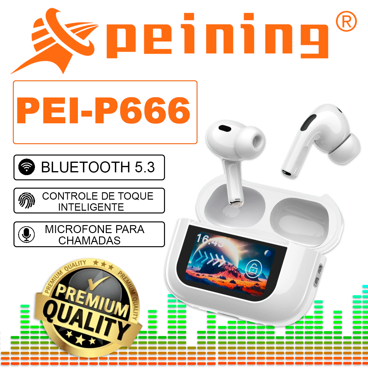 Fone de Ouvido Bluetooth Peining Pei-P666 com Visor Digital Touch Microfone Cancelamento de Ruído Resistente à Água