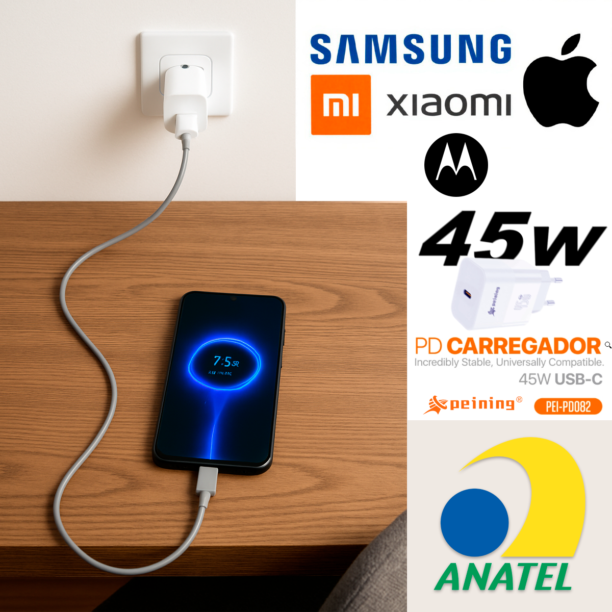 Carregador de Parede Super Rápido Turbo Peining Power Delivery 45W USB-C PD082 Alta Eficiência Proteção Sobrecarga - Imagem 7