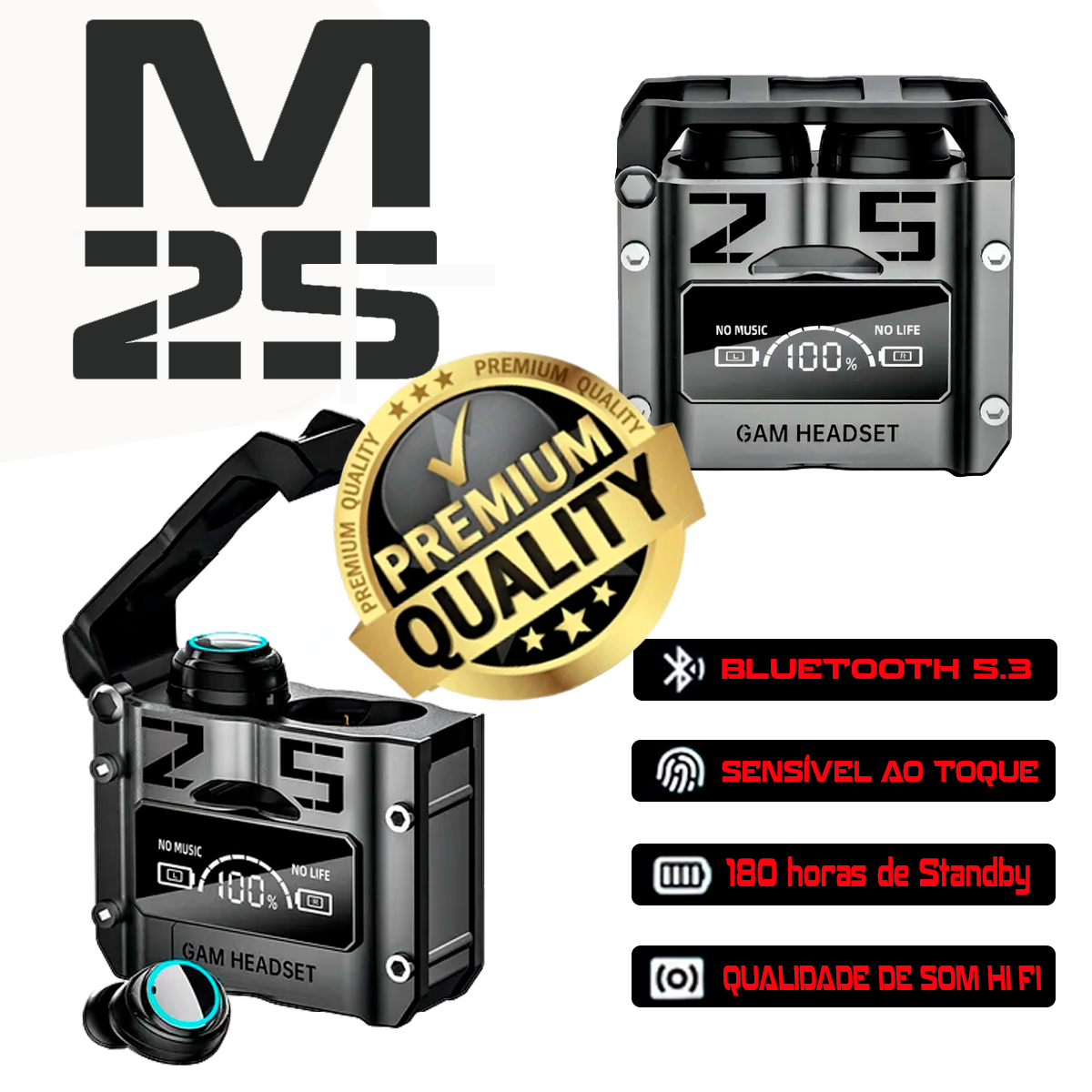 Fone de Ouvido M25 TWS Sem Fio Bluetooth Display de Bateria Power Bank Cancelamento de Ruído Microfone para Chamadas