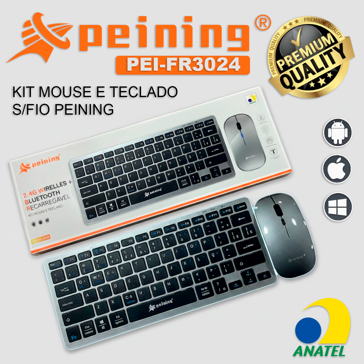 Kit Mouse e Teclado Peining PEI-FR3024 Sem Fio 2.4G Wirelles Bluetooth Recarregável Slim Silencioso Setup Minimalista