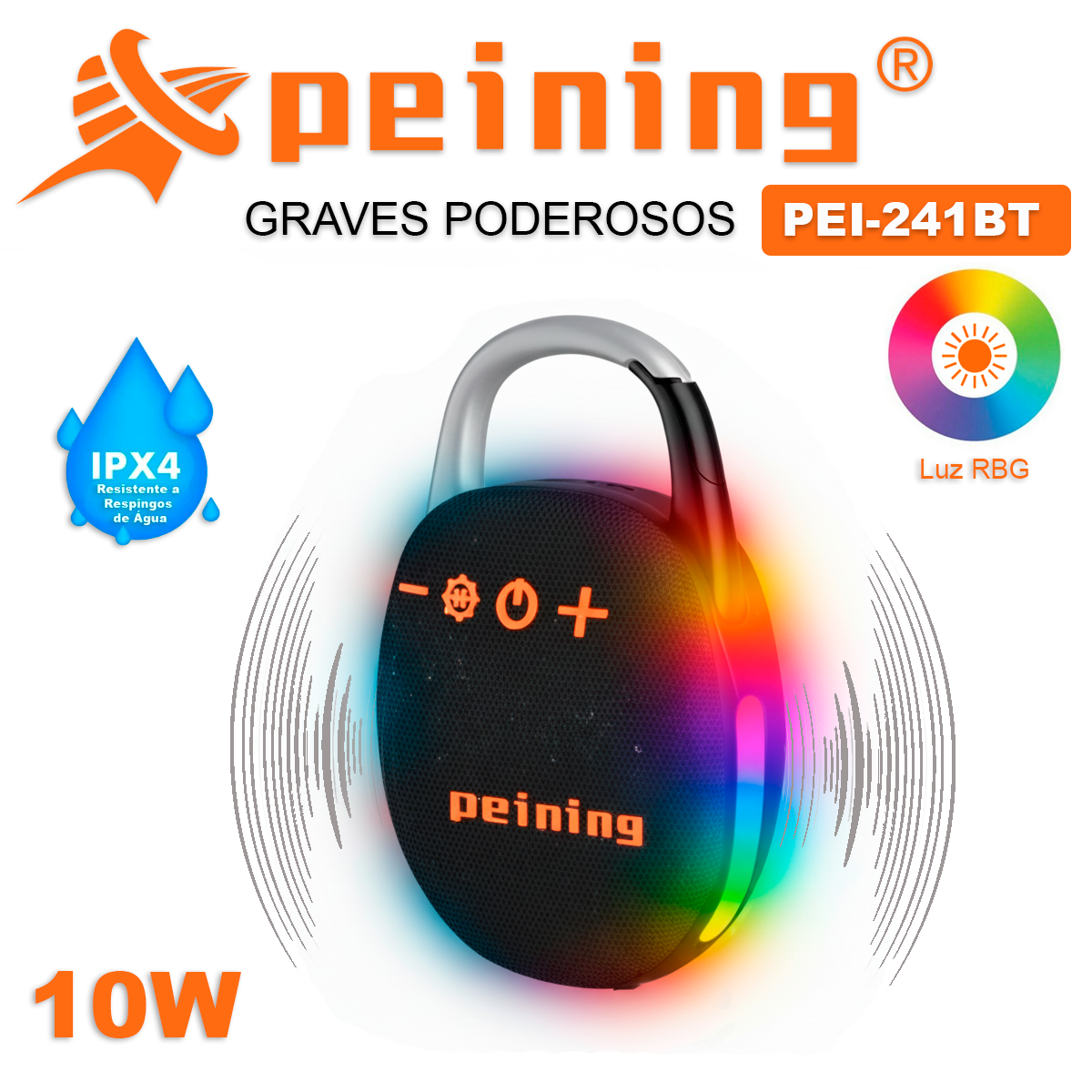 Caixa de Som Peining Pei-241BT Som Portátil sem Fio Resistente a Água LED RGB Graves Fortes Festa Piscina Churrasco - Imagem 4