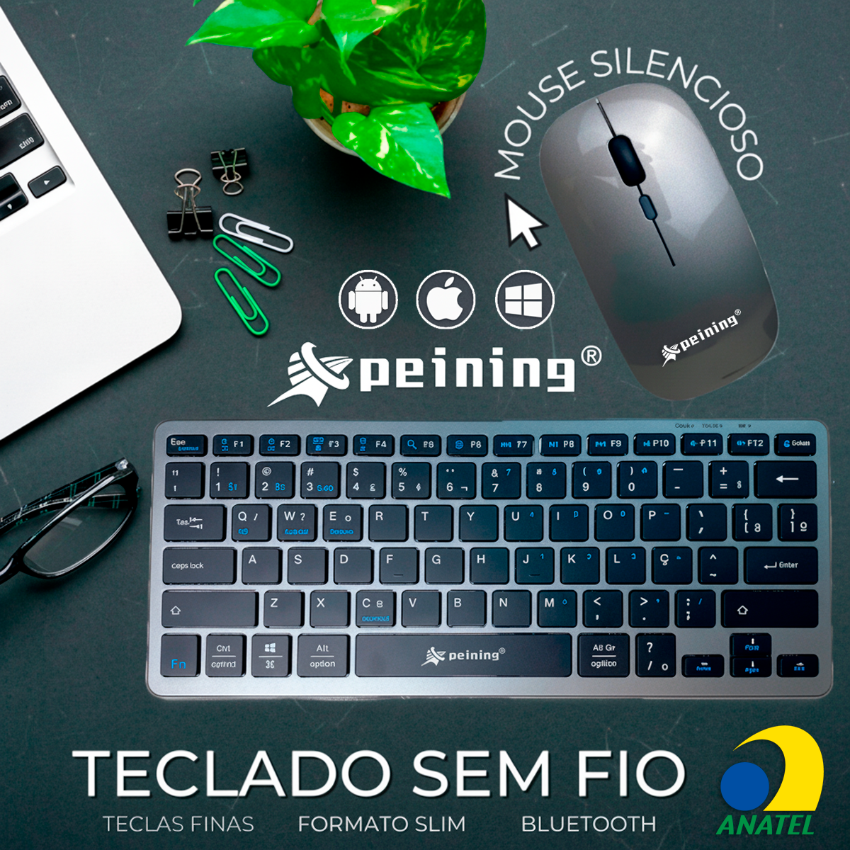 Kit Mouse e Teclado Peining PEI-FR3024 Sem Fio 2.4G Wirelles Bluetooth Recarregável Slim Silencioso Setup Minimalista - Imagem 8