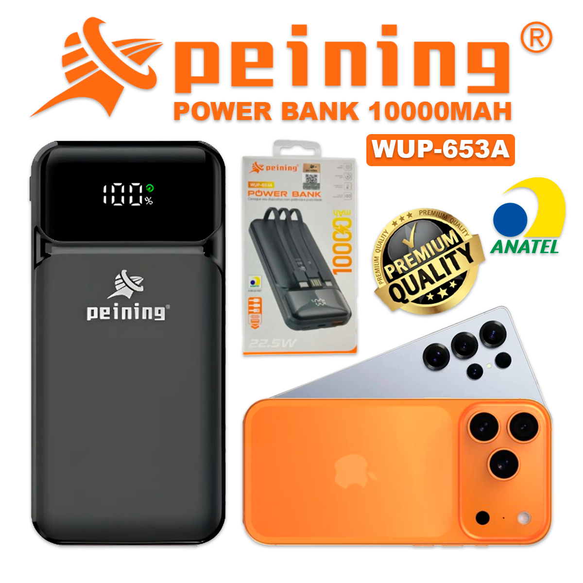Carregador Power Bank 10000mAh Peining WUP-653A Compatibilidade Universal Saída USB Padrão Entrada Type-C USB Emergência