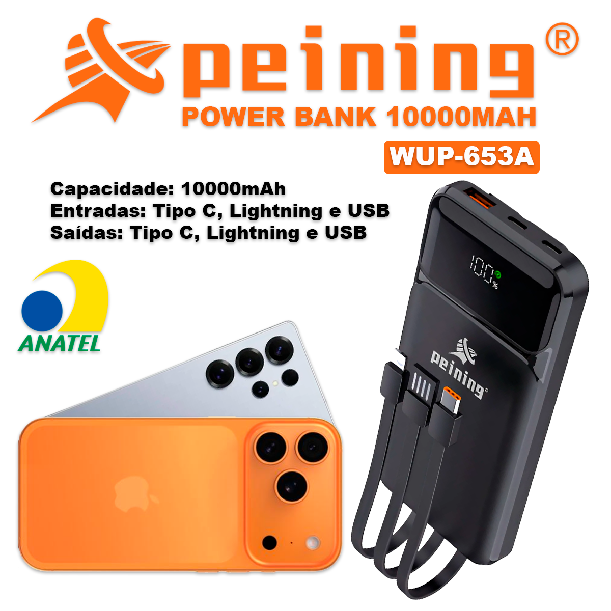 Carregador Power Bank 10000mAh Peining WUP-653A Compatibilidade Universal Saída USB Padrão Entrada Type-C USB Emergência - Imagem 3