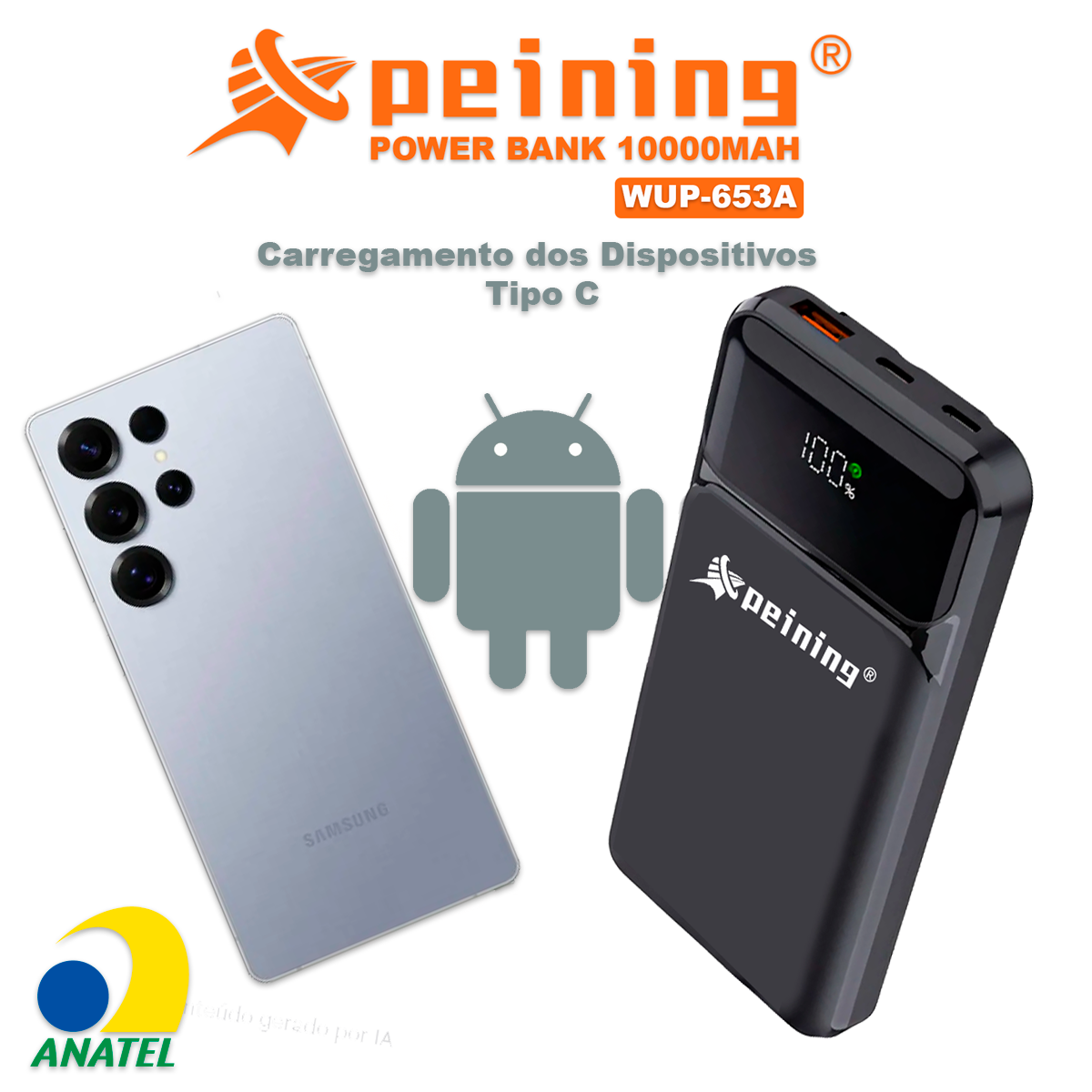 Carregador Power Bank 10000mAh Peining WUP-653A Compatibilidade Universal Saída USB Padrão Entrada Type-C USB Emergência - Imagem 5