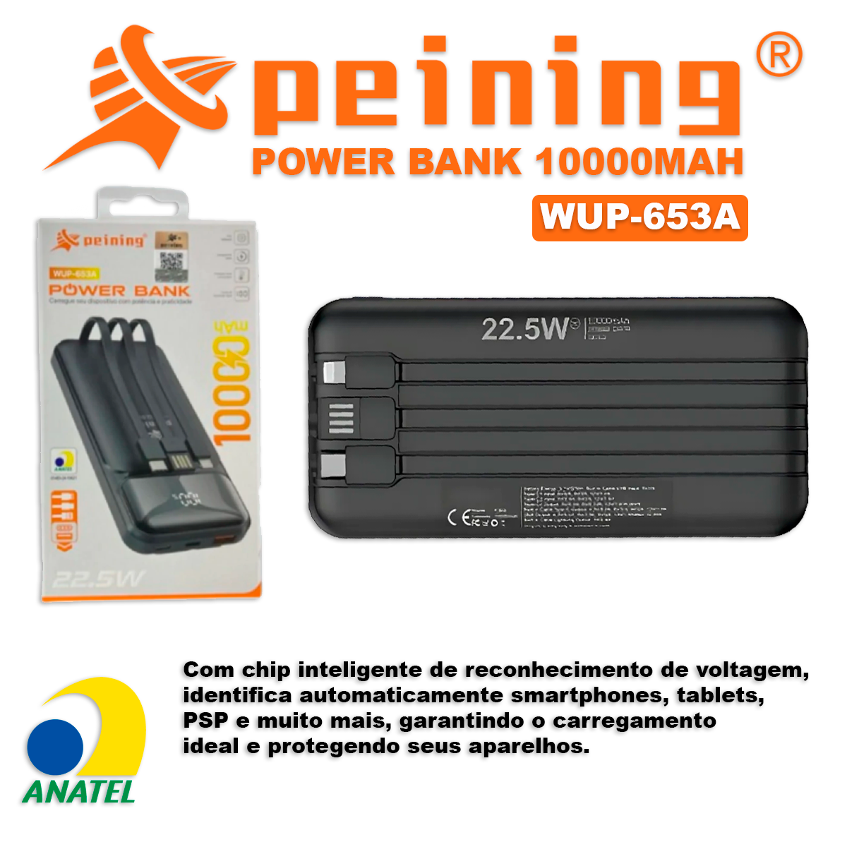 Carregador Power Bank 10000mAh Peining WUP-653A Compatibilidade Universal Saída USB Padrão Entrada Type-C USB Emergência - Imagem 8