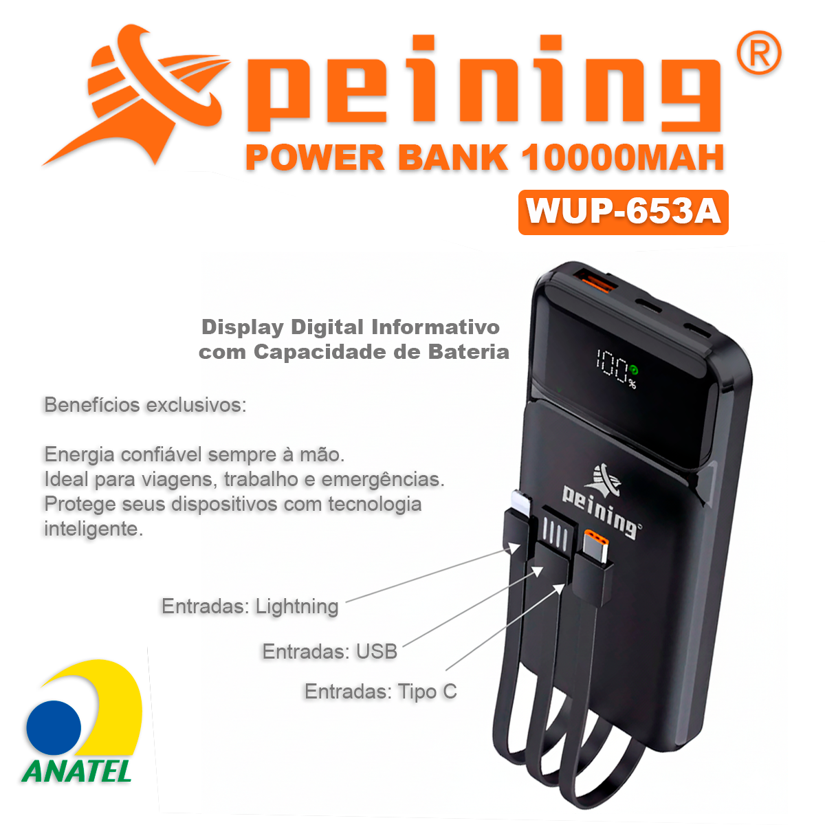 Carregador Power Bank 10000mAh Peining WUP-653A Compatibilidade Universal Saída USB Padrão Entrada Type-C USB Emergência - Imagem 9