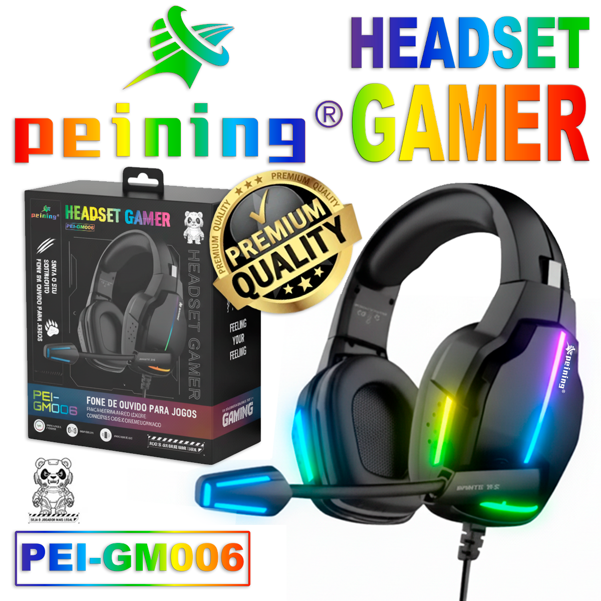 Fone Headset Gamer com Microfone Peining PEI-GM006 USB Cancelamento Ruído Estéreo Imersão Jogos LED RGB Ergonômico