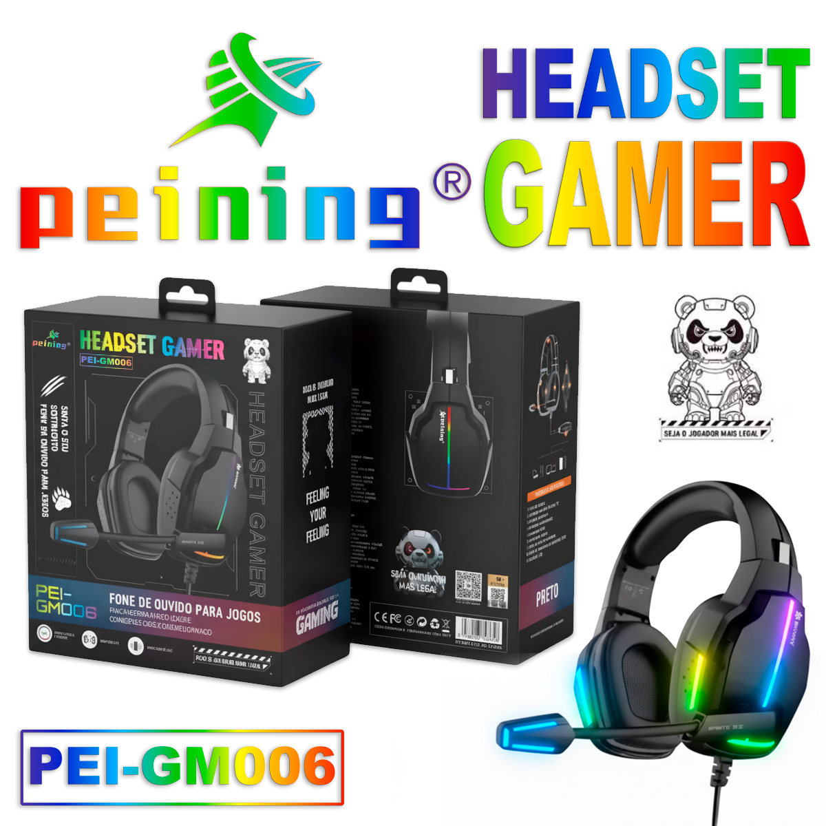 Fone Headset Gamer com Microfone Peining PEI-GM006 USB Cancelamento Ruído Estéreo Imersão Jogos LED RGB Ergonômico - Imagem 3