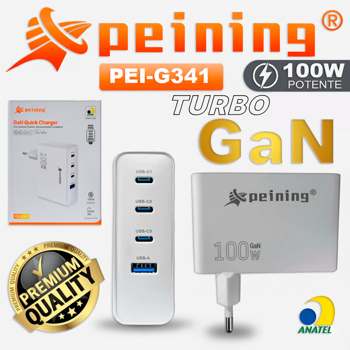 Carregador Peining GAN 100W PEI-G341 Turbo 3 USB-C 1 USB-A Alta Potência Proteção Inteligente Universal Leve Compacto - Imagem 2