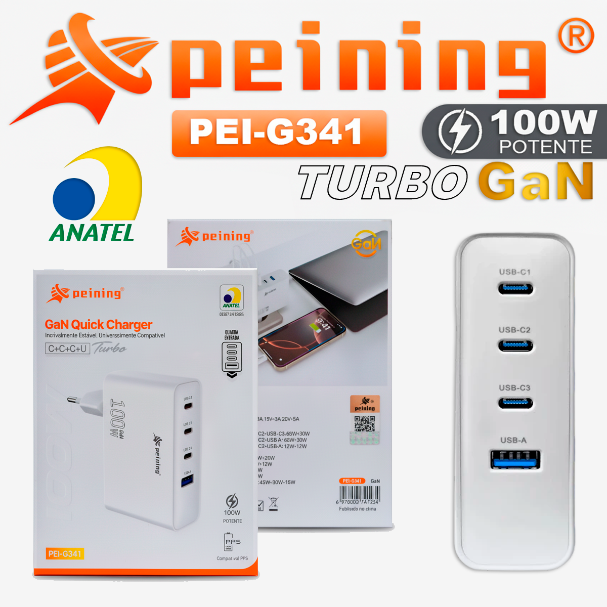 Carregador Peining GAN 100W PEI-G341 Turbo 3 USB-C 1 USB-A Alta Potência Proteção Inteligente Universal Leve Compacto - Imagem 3