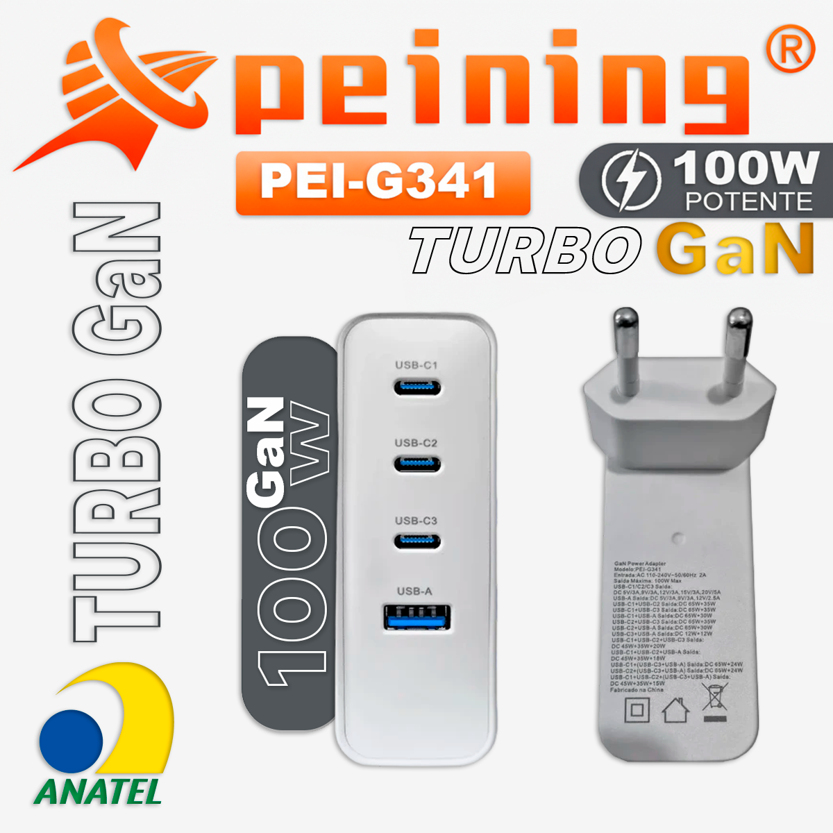 Carregador Peining GAN 100W PEI-G341 Turbo 3 USB-C 1 USB-A Alta Potência Proteção Inteligente Universal Leve Compacto - Imagem 4