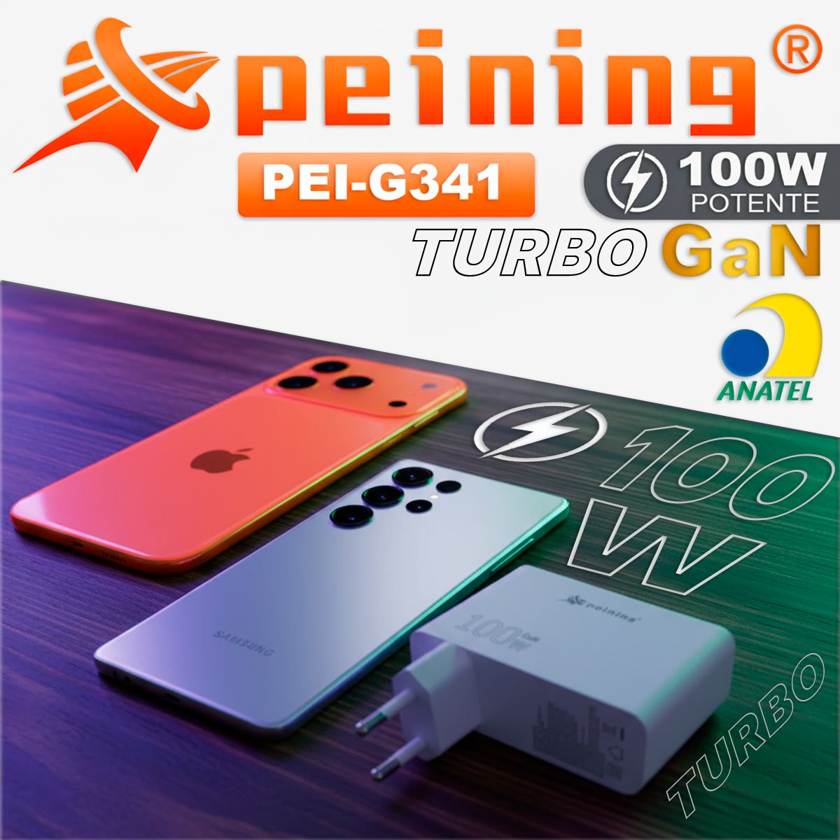 Carregador Peining GAN 100W PEI-G341 Turbo 3 USB-C 1 USB-A Alta Potência Proteção Inteligente Universal Leve Compacto - Imagem 6