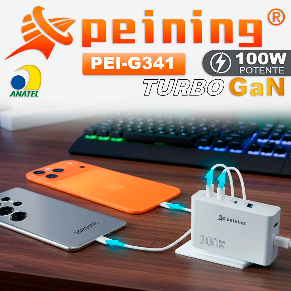Carregador Peining GAN 100W PEI-G341 Turbo 3 USB-C 1 USB-A Alta Potência Proteção Inteligente Universal Leve Compacto - Imagem 7