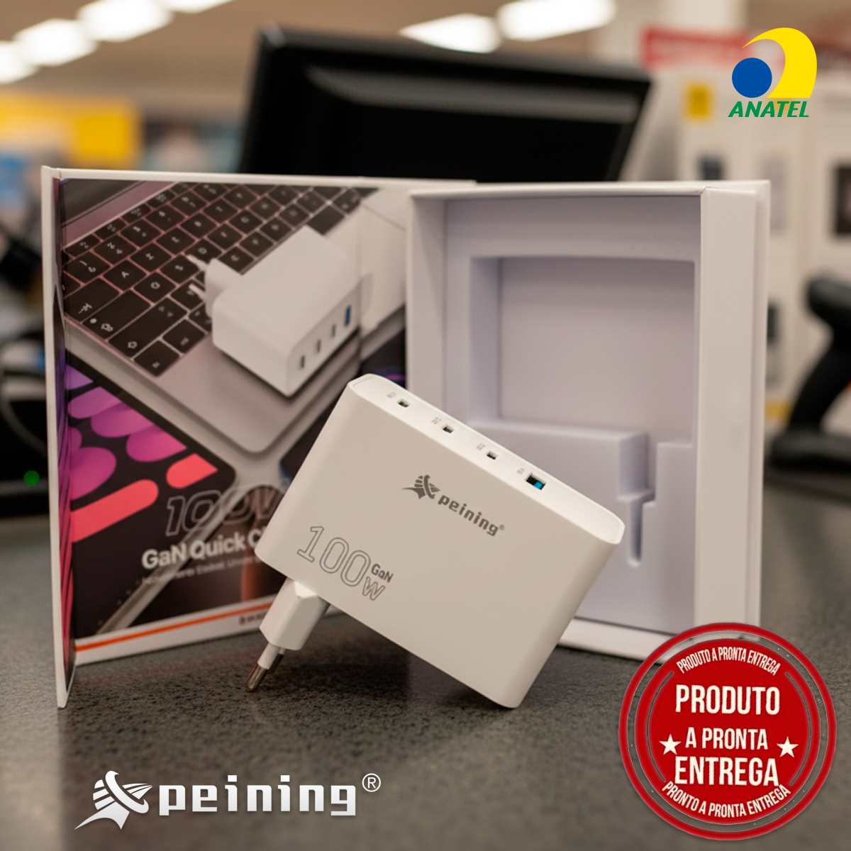 Carregador Peining GAN 100W PEI-G341 Turbo 3 USB-C 1 USB-A Alta Potência Proteção Inteligente Universal Leve Compacto - Imagem 8