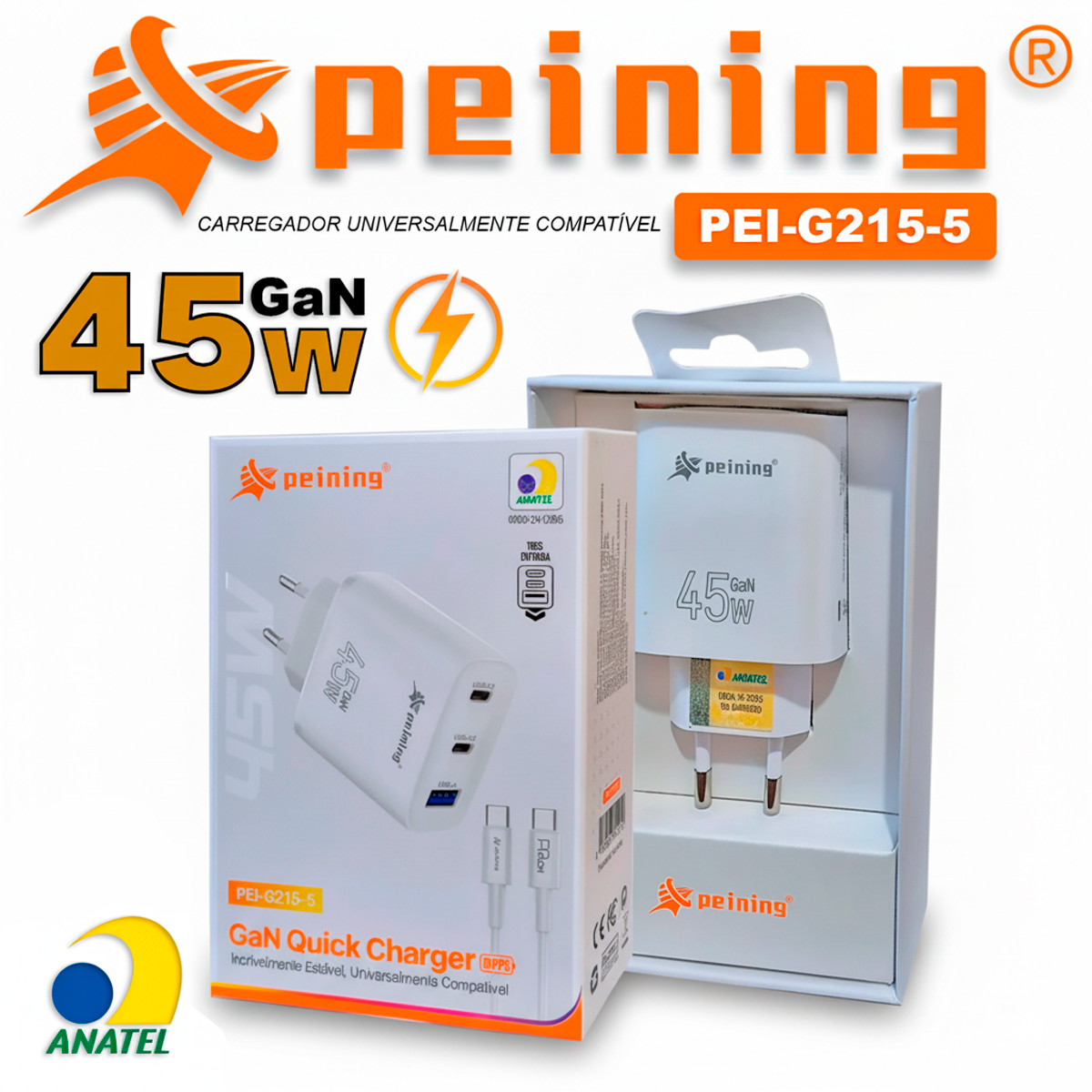 Carregador Peining GaN 45W Turbo3 Entradas PEI-G215-5 TPC/TPC Com Cabo Universal Multiportas Celular Tablet Notebook - Imagem 3