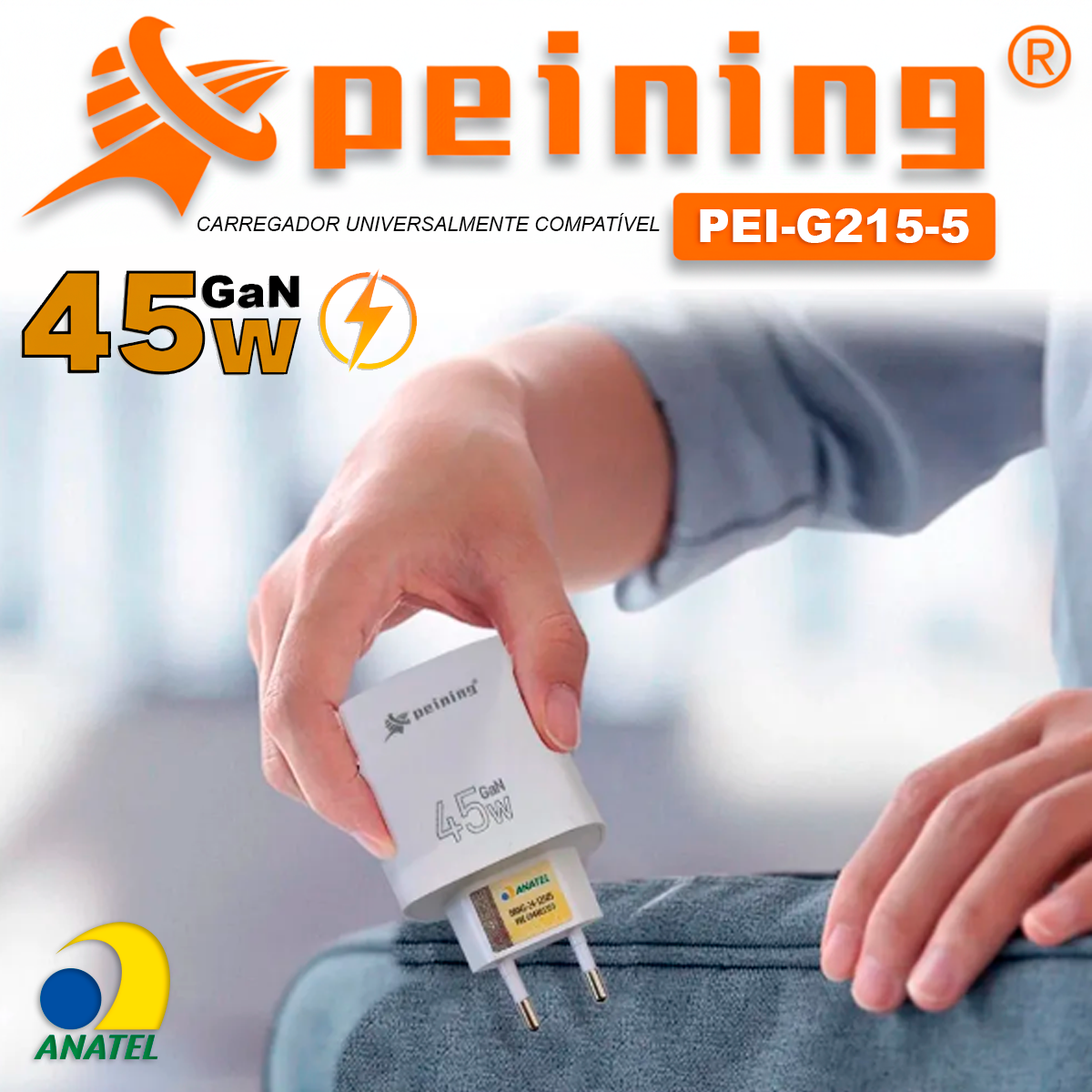 Carregador Peining GaN 45W Turbo3 Entradas PEI-G215-5 TPC/TPC Com Cabo Universal Multiportas Celular Tablet Notebook - Imagem 6