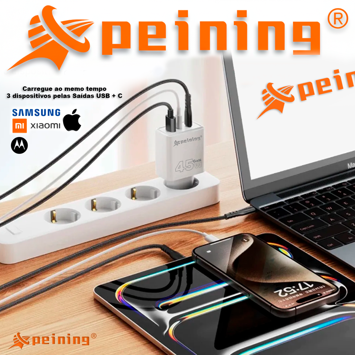Carregador Peining GaN 45W Turbo3 Entradas PEI-G215-5 TPC/TPC Com Cabo Universal Multiportas Celular Tablet Notebook - Imagem 7