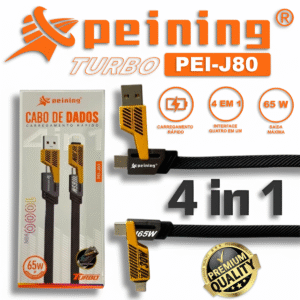 Cabo Turbo 65W Peining PEI-J80 4 em 1  USB-C + Lightning + USB-A Carregamento Rápido Design Flat Android Apple Premium
