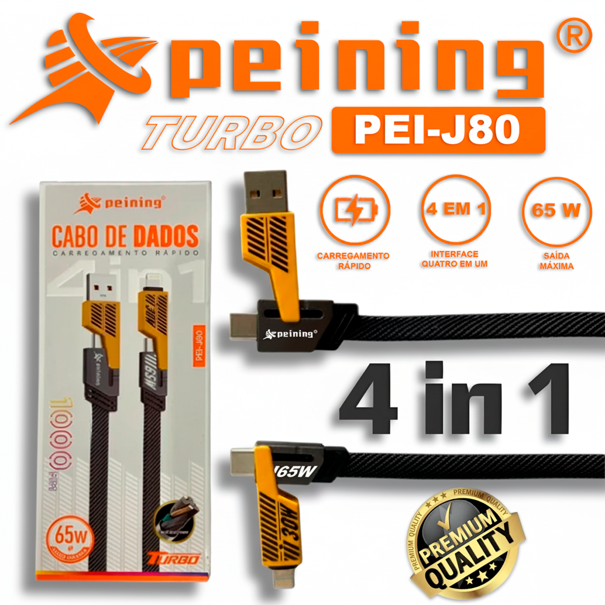 Cabo Turbo 65W Peining PEI-J80 4 em 1 USB-C + Lightning + USB-A Carregamento Rápido Design Flat Android Apple Premium