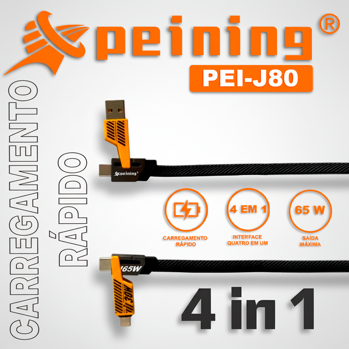 Cabo Turbo 65W Peining PEI-J80 4 em 1 USB-C + Lightning + USB-A Carregamento Rápido Design Flat Android Apple Premium - Imagem 3