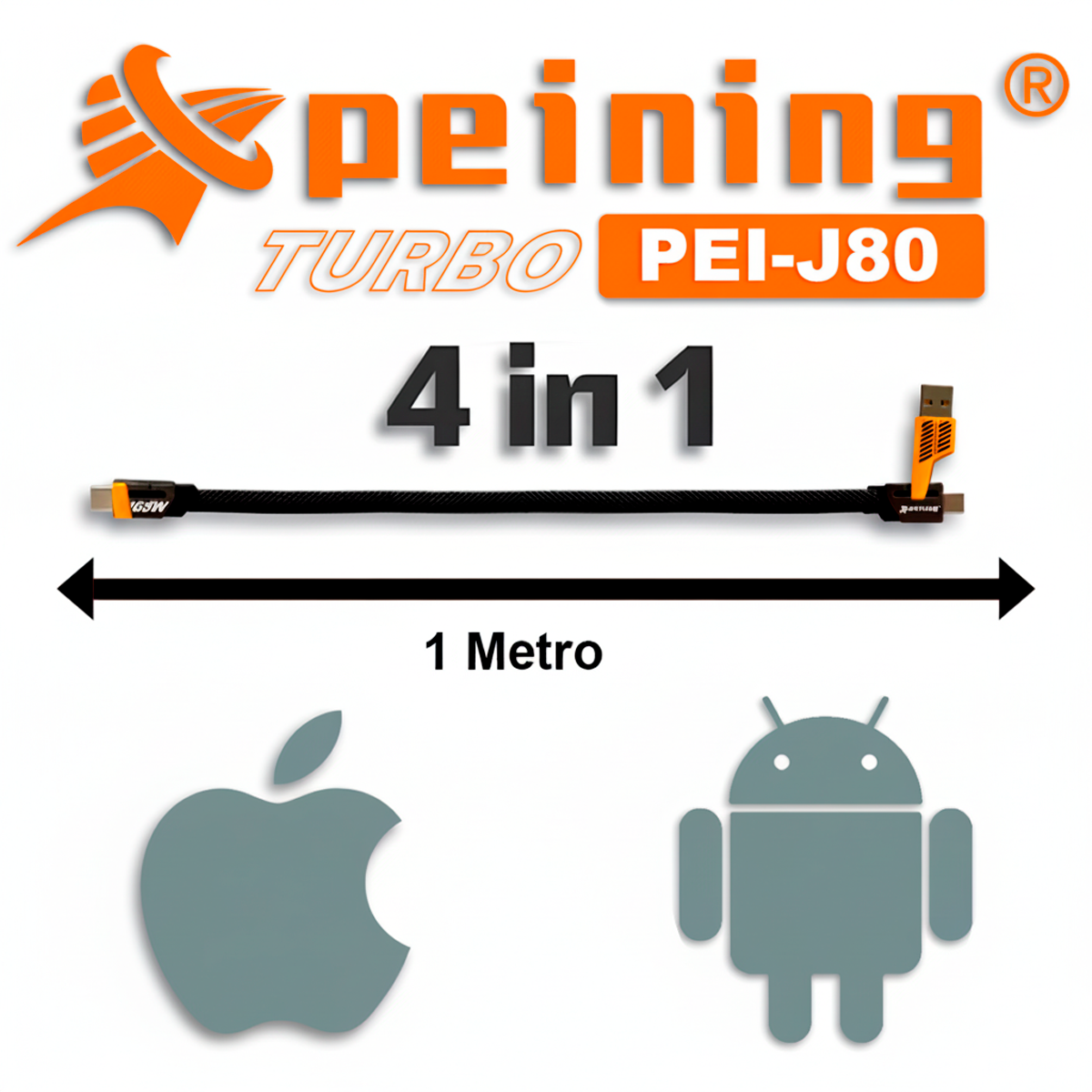 Cabo Turbo 65W Peining PEI-J80 4 em 1 USB-C + Lightning + USB-A Carregamento Rápido Design Flat Android Apple Premium - Imagem 4