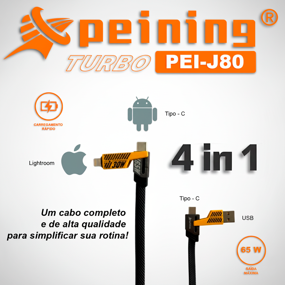 Cabo Turbo 65W Peining PEI-J80 4 em 1 USB-C + Lightning + USB-A Carregamento Rápido Design Flat Android Apple Premium - Imagem 5