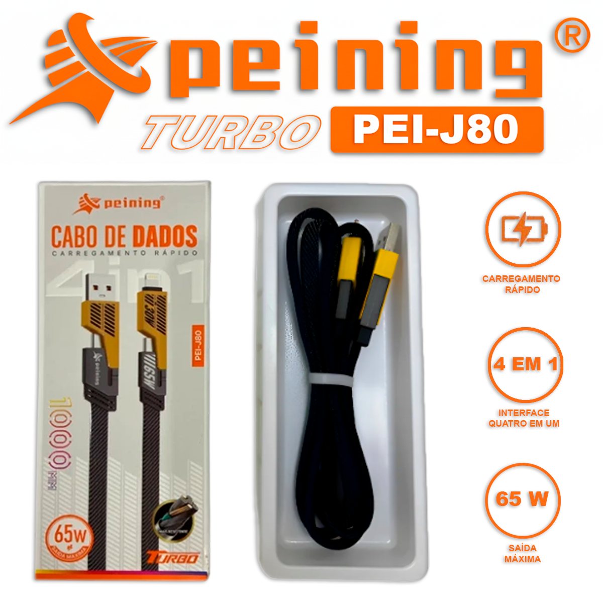 Cabo Turbo 65W Peining PEI-J80 4 em 1 USB-C + Lightning + USB-A Carregamento Rápido Design Flat Android Apple Premium - Imagem 6